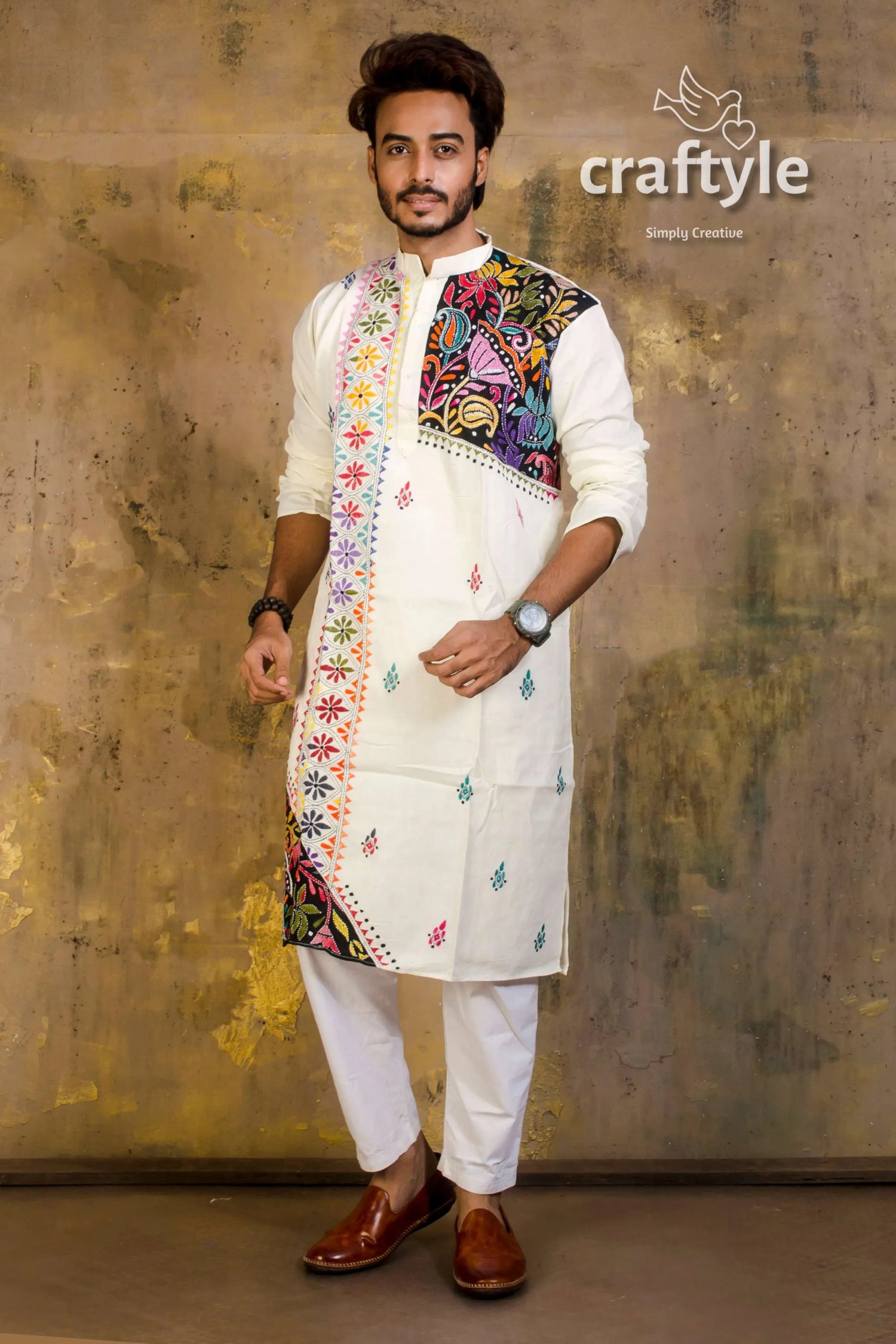Hand embroidered kantha stitch cotton panjabi | mens kurta white colorful floral 4