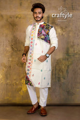 Hand embroidered kantha stitch cotton panjabi | mens kurta white colorful floral 4