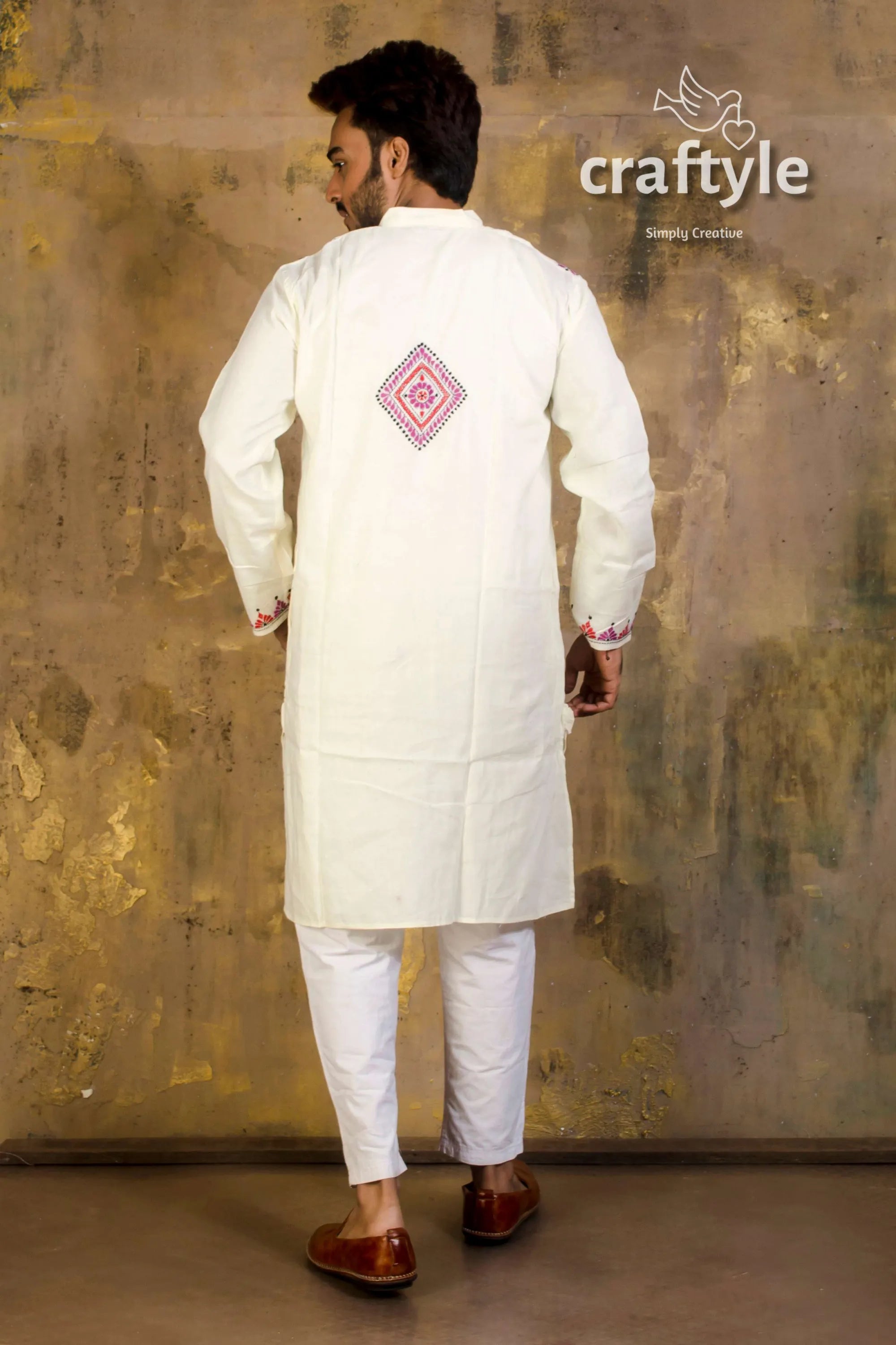 Hand embroidered kantha stitch cotton panjabi | mens kurta white pink red 4