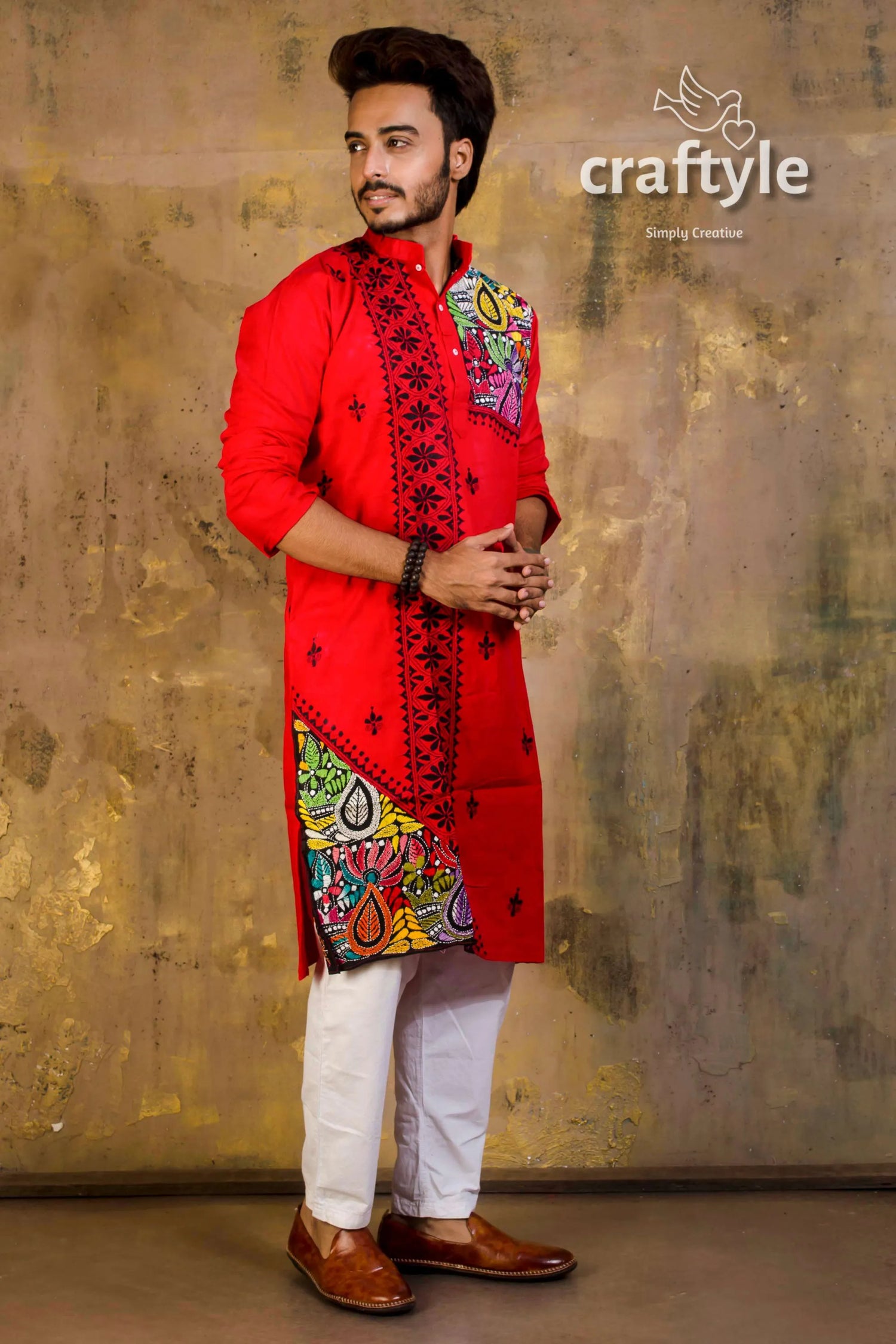 Hand embroidered kantha stitch cotton panjabi | mens kurta vibrant red intricate 4