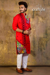Hand embroidered kantha stitch cotton panjabi | mens kurta vibrant red intricate 4