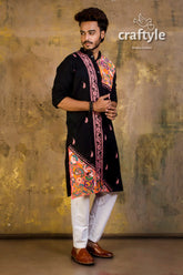 Hand embroidered kantha stitch cotton panjabi | mens kurta black vibrant orange 1