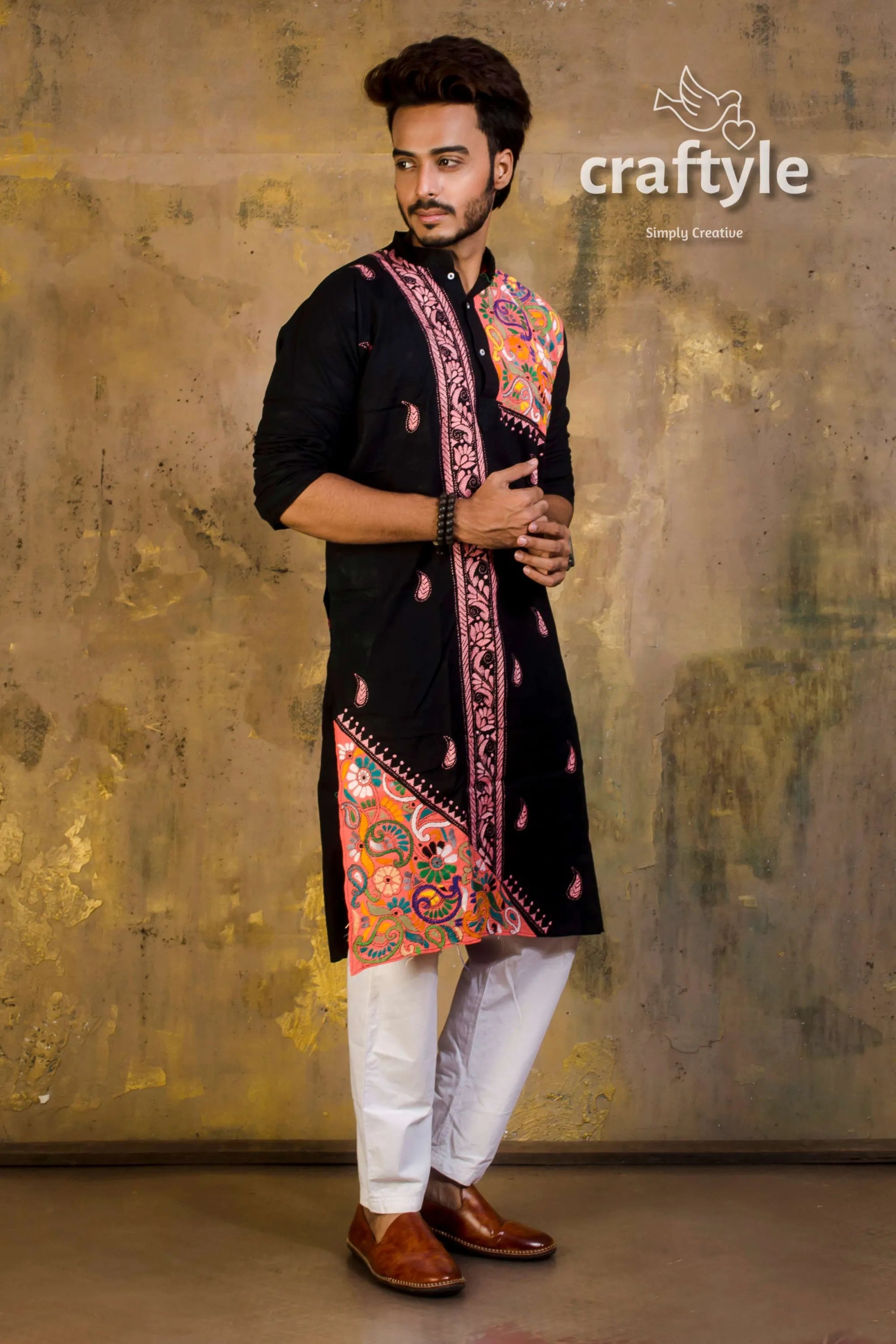Hand embroidered kantha stitch cotton panjabi | mens kurta black vibrant orange 1