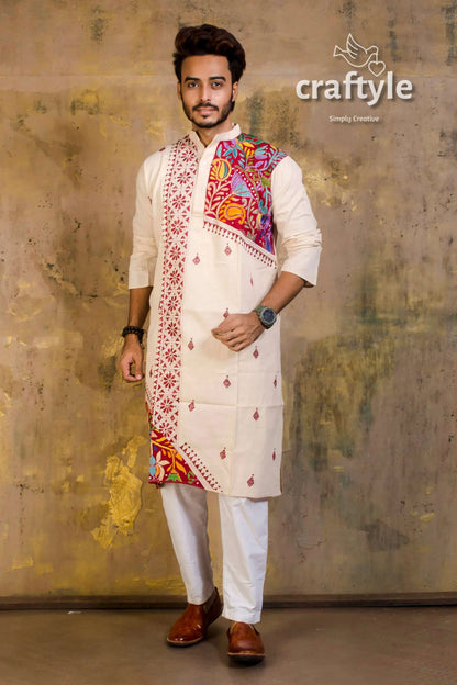 Hand embroidered kantha stitch cotton panjabi | mens kurta man cream-colored intricate colorful 5