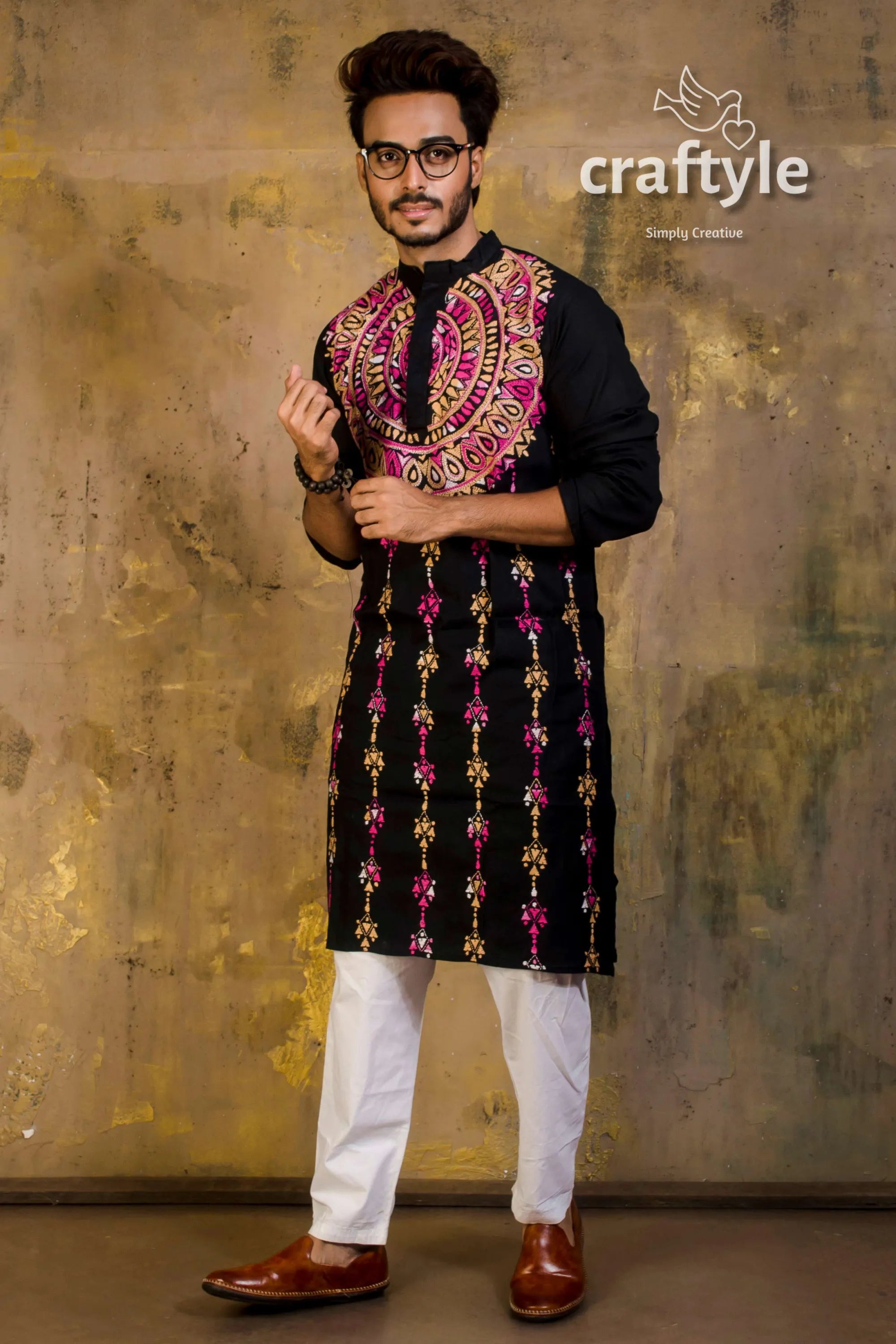 Hand embroidered kantha stitch cotton panjabi | mens kurta black vibrant pink 4