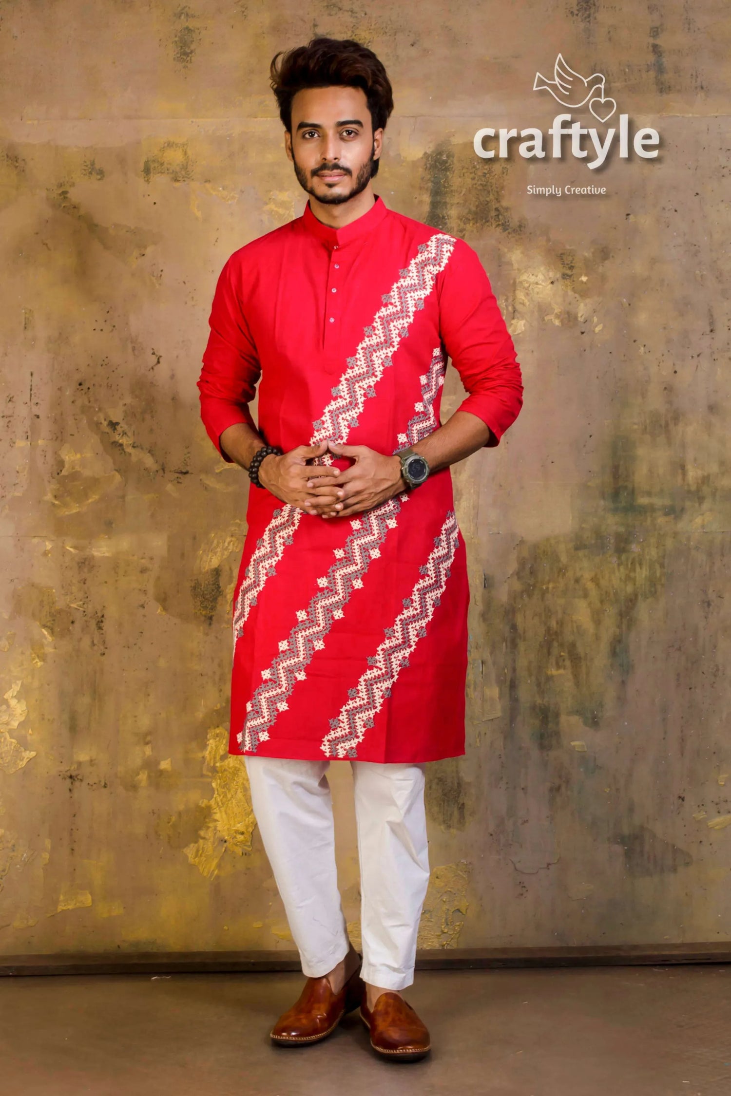 Hand embroidered kantha stitch cotton panjabi | mens kurta red white zigzag 3