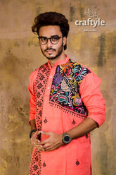 Hand embroidered kantha stitch cotton panjabi | mens kurta vibrant coral-colored intricate colorful 4
