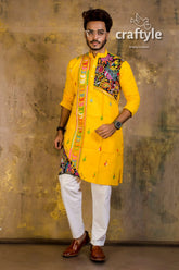 Hand embroidered kantha stitch cotton panjabi | mens kurta vibrant yellow intricate multicolored 4