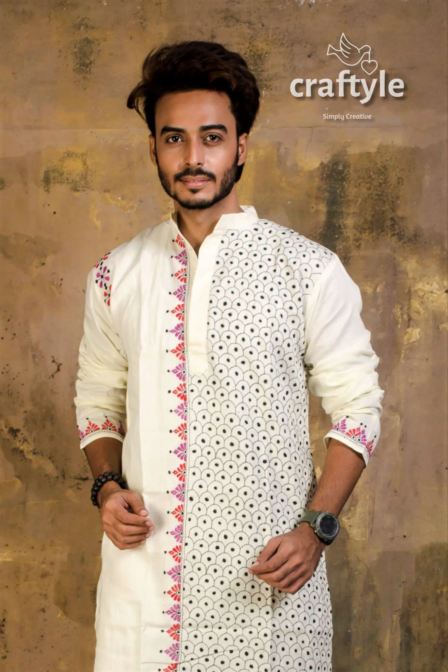Hand embroidered kantha stitch cotton panjabi | mens kurta white intricate black 3