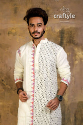 Hand embroidered kantha stitch cotton panjabi | mens kurta white intricate black 3