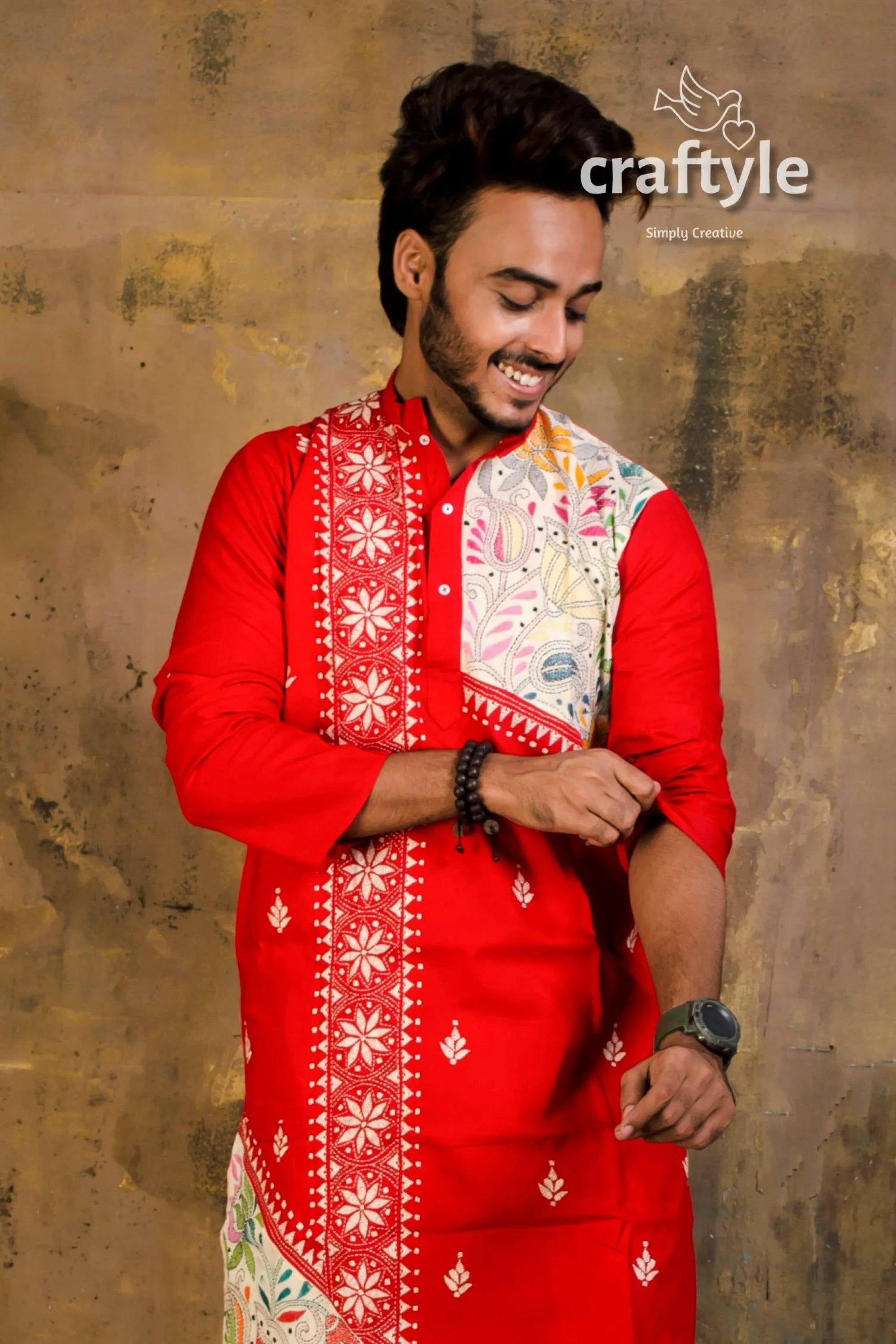 Hand embroidered kantha stitch cotton panjabi | mens kurta red intricate white 3