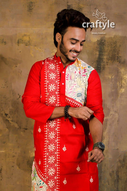 Hand embroidered kantha stitch cotton panjabi | mens kurta red intricate white 3