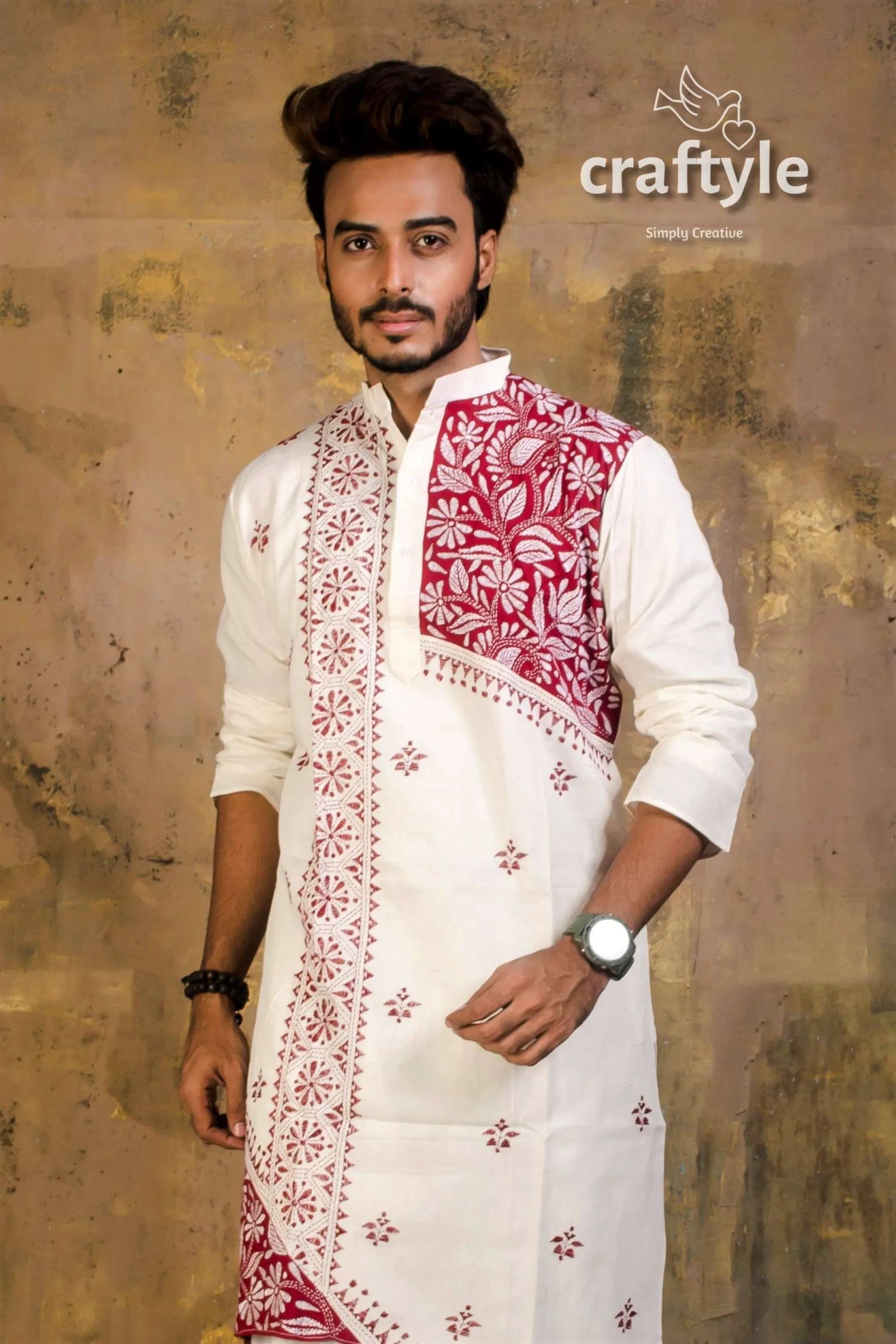 Hand embroidered kantha stitch cotton panjabi | mens kurta white intricate red embroidery 3