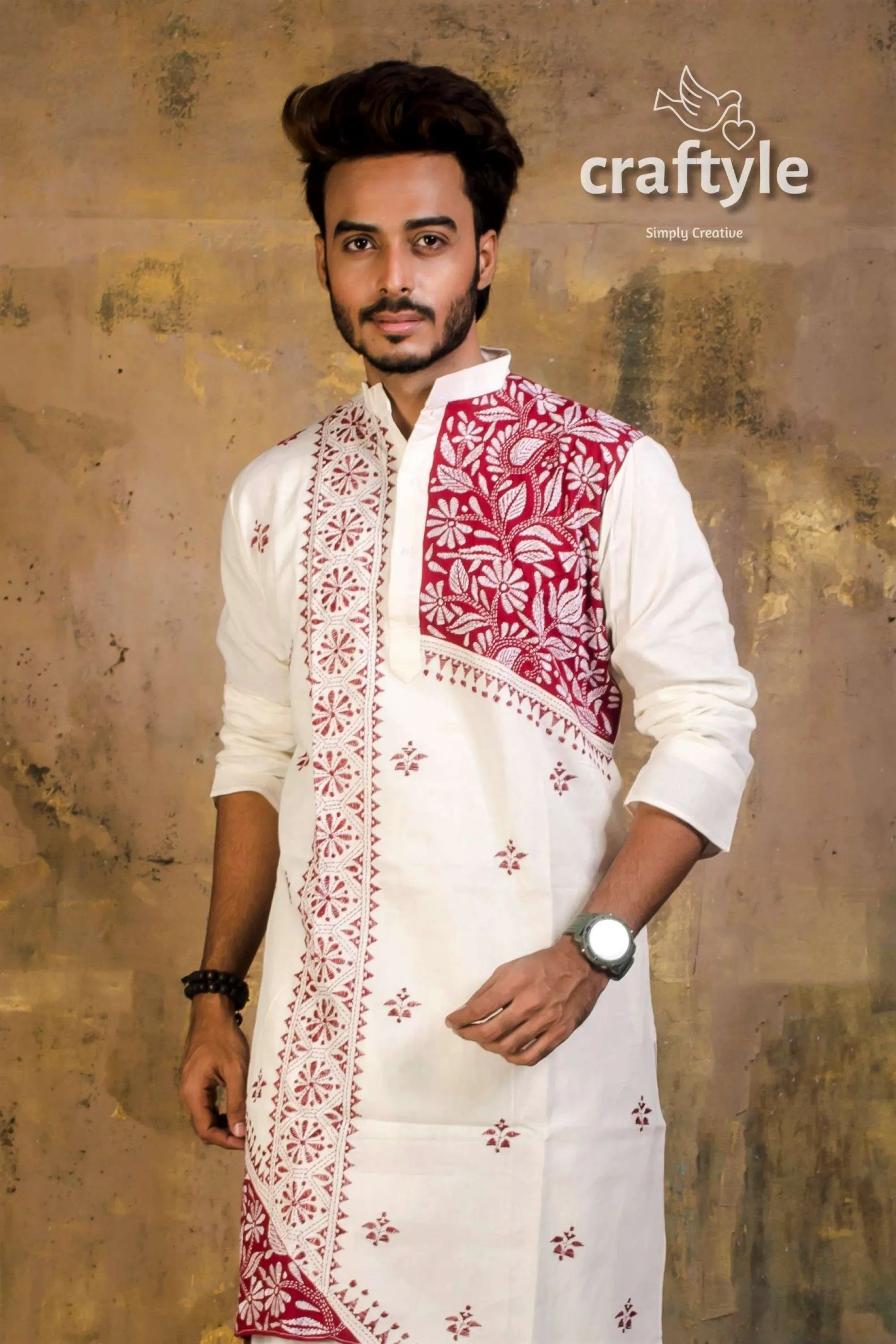 Hand embroidered kantha stitch cotton panjabi | mens kurta white intricate red embroidery 3