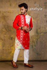 Hand embroidered kantha stitch cotton panjabi | mens kurta red white multicolored 4