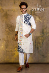 Hand embroidered kantha stitch cotton panjabi | mens kurta white intricate navy blue 1