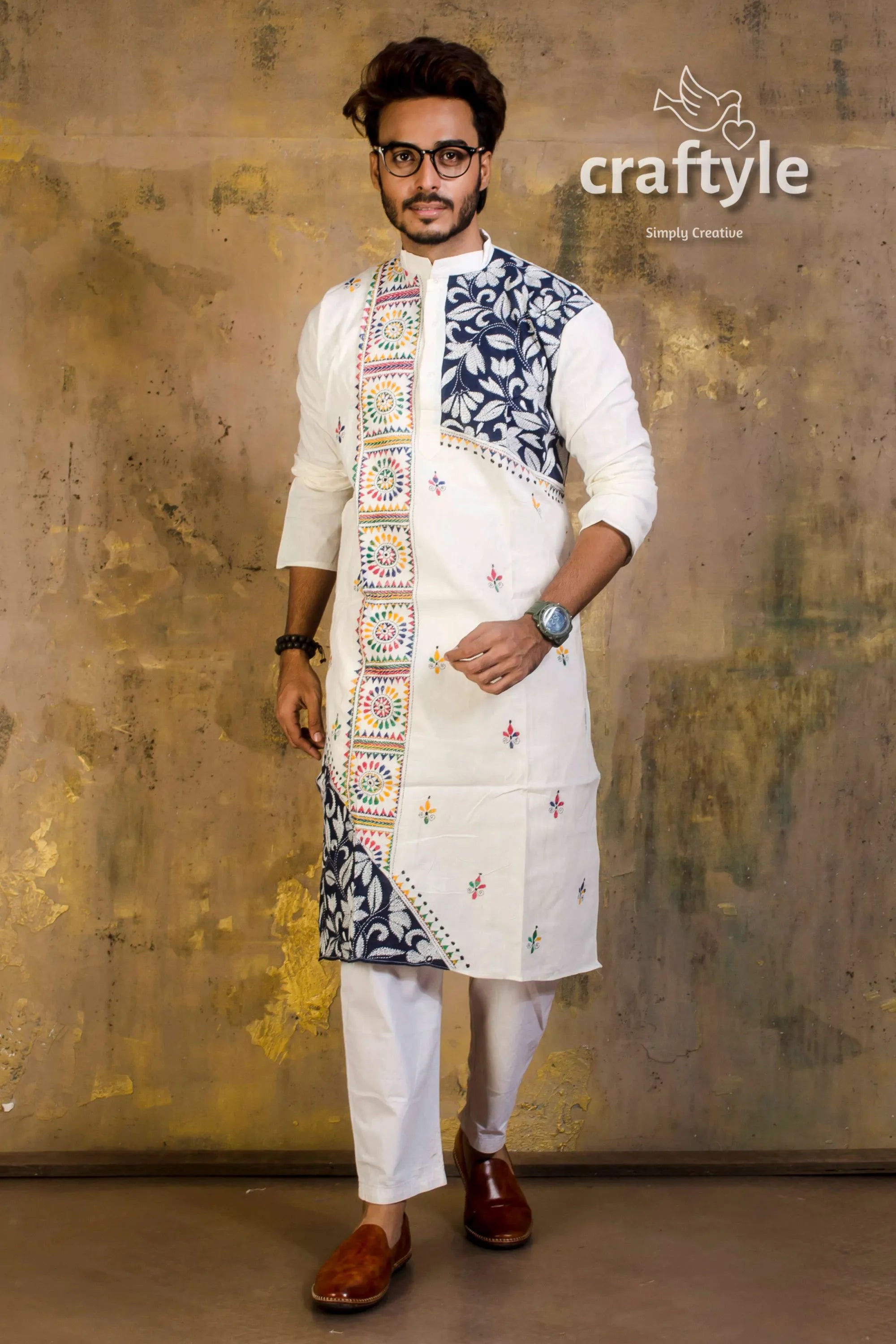 Hand embroidered kantha stitch cotton panjabi | mens kurta white intricate navy blue 1