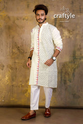 Hand embroidered kantha stitch cotton panjabi | mens kurta white pink black 2