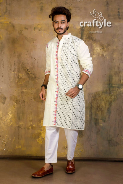 Hand embroidered kantha stitch cotton panjabi | mens kurta white pink black 2