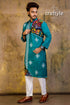 Hand embroidered kantha stitch cotton panjabi | mens kurta teal vibrant floral 1