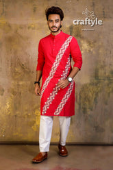 Hand embroidered kantha stitch cotton panjabi | mens kurta red white geometric 4