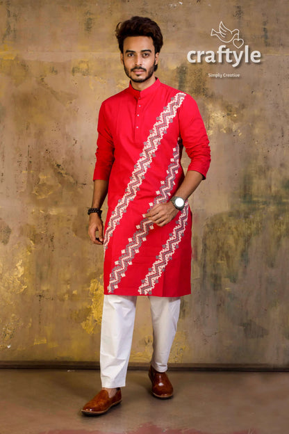 Hand embroidered kantha stitch cotton panjabi | mens kurta red white geometric 4