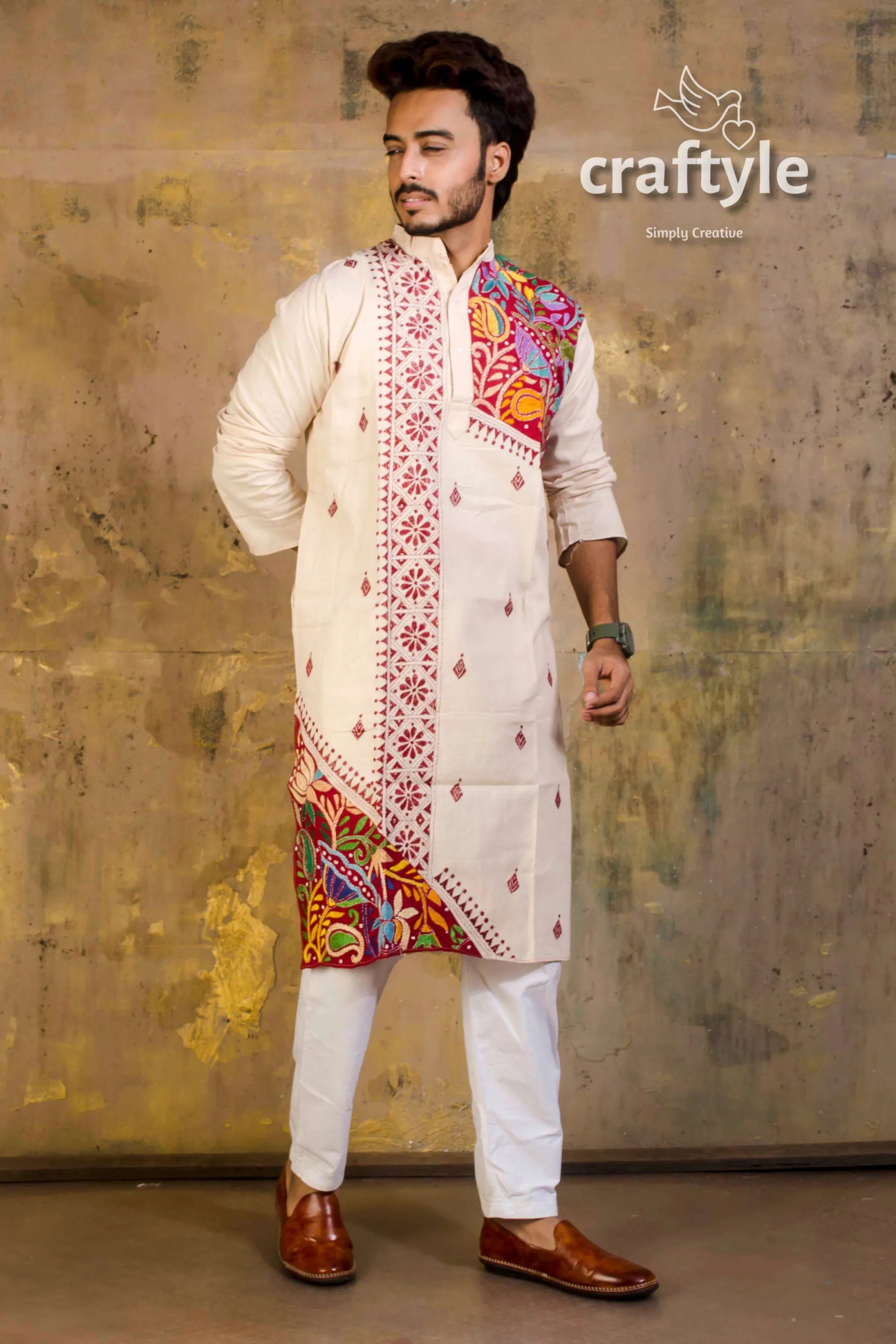 Hand embroidered kantha stitch cotton panjabi | mens kurta cream-colored vibrant red 2