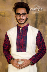 Hand embroidered kantha stitch cotton panjabi | mens kurta white intricate red navy 3
