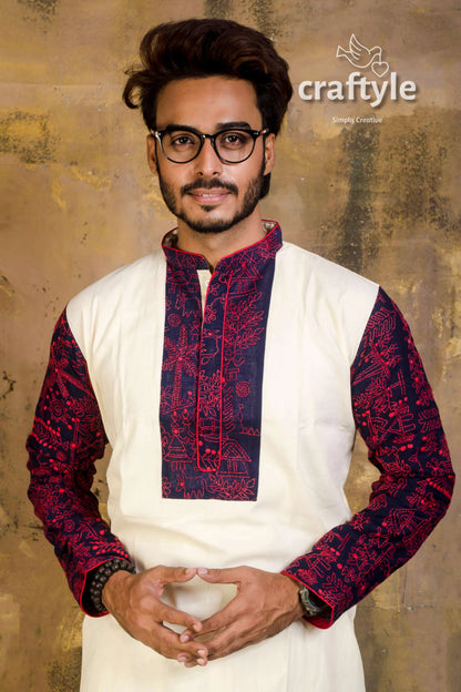 Hand embroidered kantha stitch cotton panjabi | mens kurta white intricate red navy 3