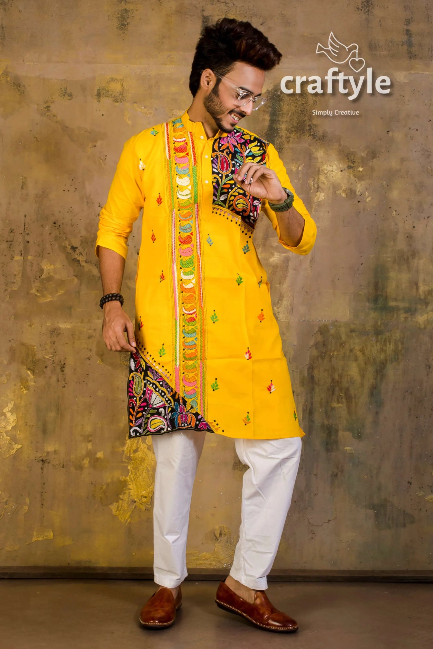 Hand embroidered kantha stitch cotton panjabi | mens kurta vibrant yellow colorful 1