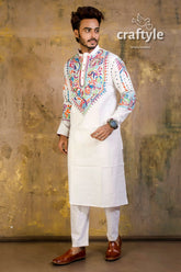 Hand embroidered kantha stitch cotton panjabi | mens kurta white vibrant colorful 3