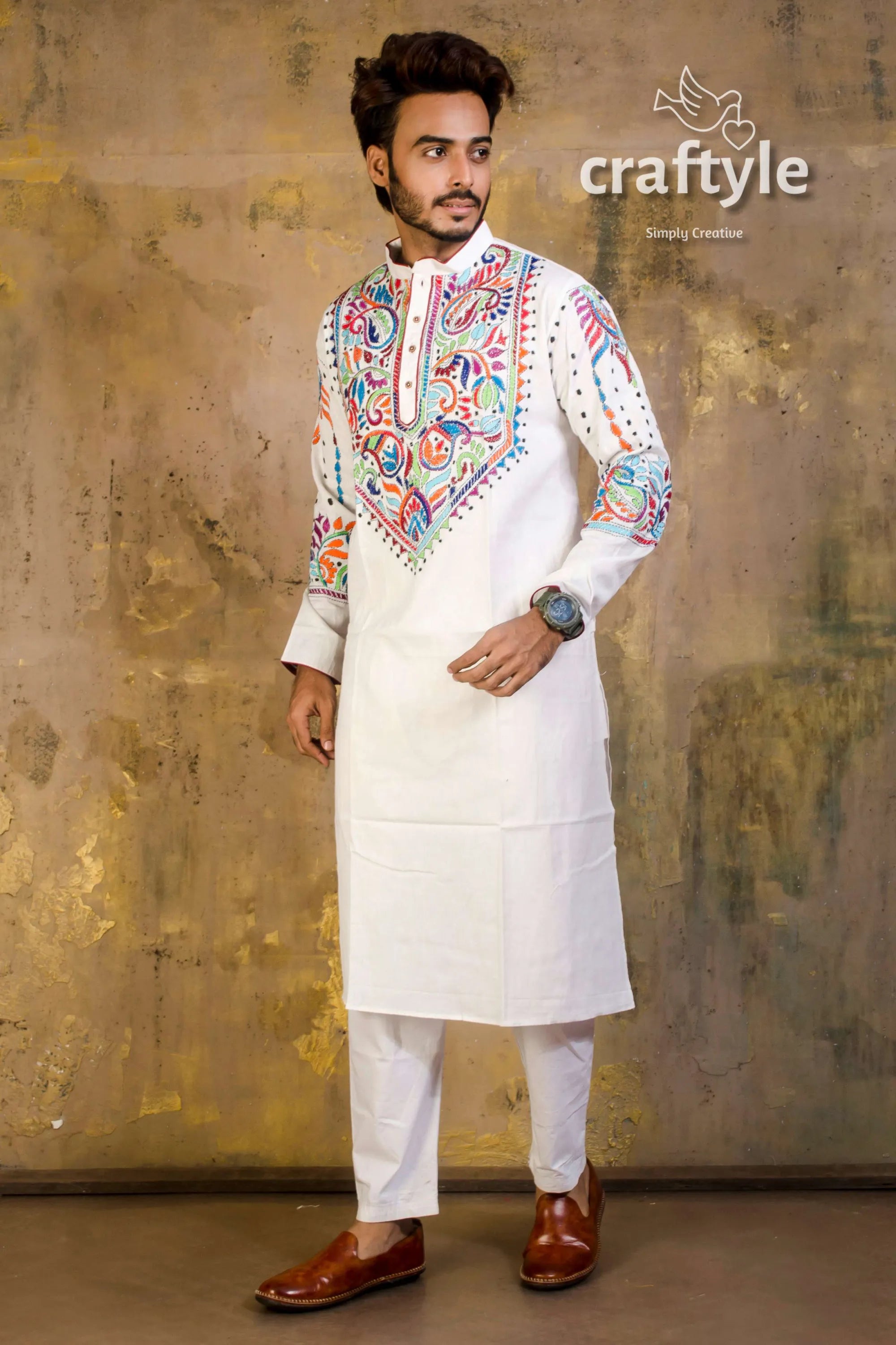Hand embroidered kantha stitch cotton panjabi | mens kurta white vibrant colorful 3