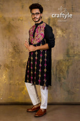 Hand embroidered kantha stitch cotton panjabi | mens kurta black vibrant pink 1