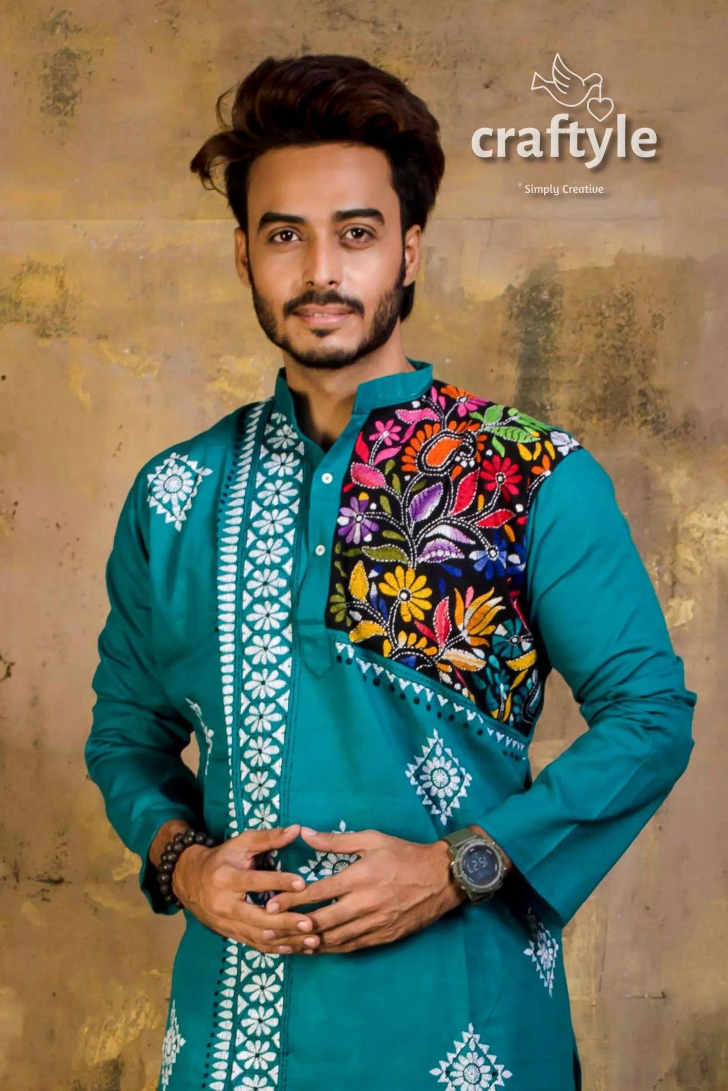 Hand embroidered kantha stitch cotton panjabi | mens kurta teal vibrant floral 3