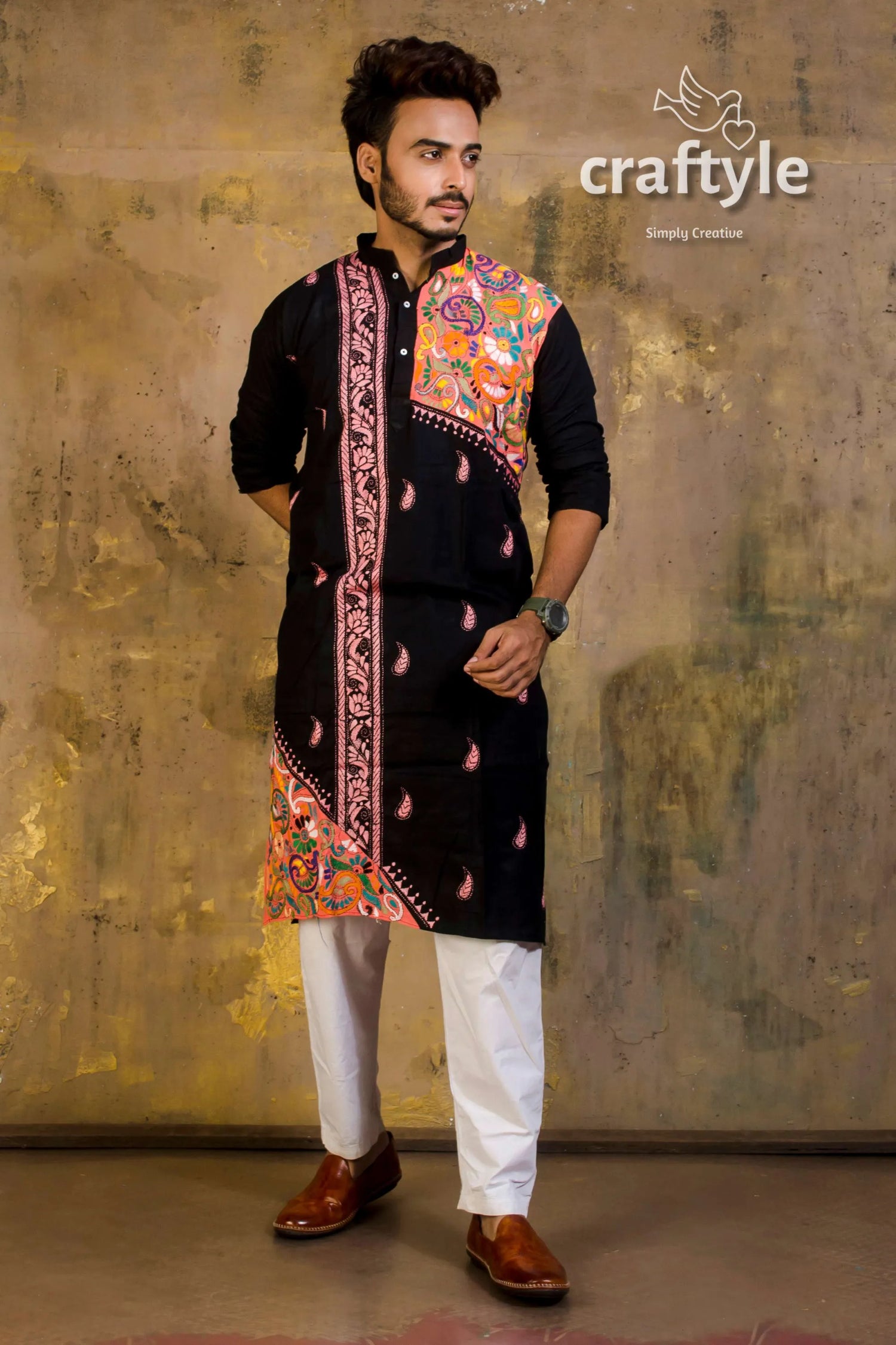Hand embroidered kantha stitch cotton panjabi | mens kurta black vibrant pink 4