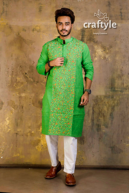 Hand embroidered kantha stitch cotton panjabi | mens kurta vibrant green intricate 1