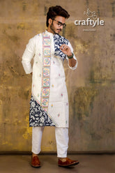 Hand embroidered kantha stitch cotton panjabi | mens kurta white navy blue 2