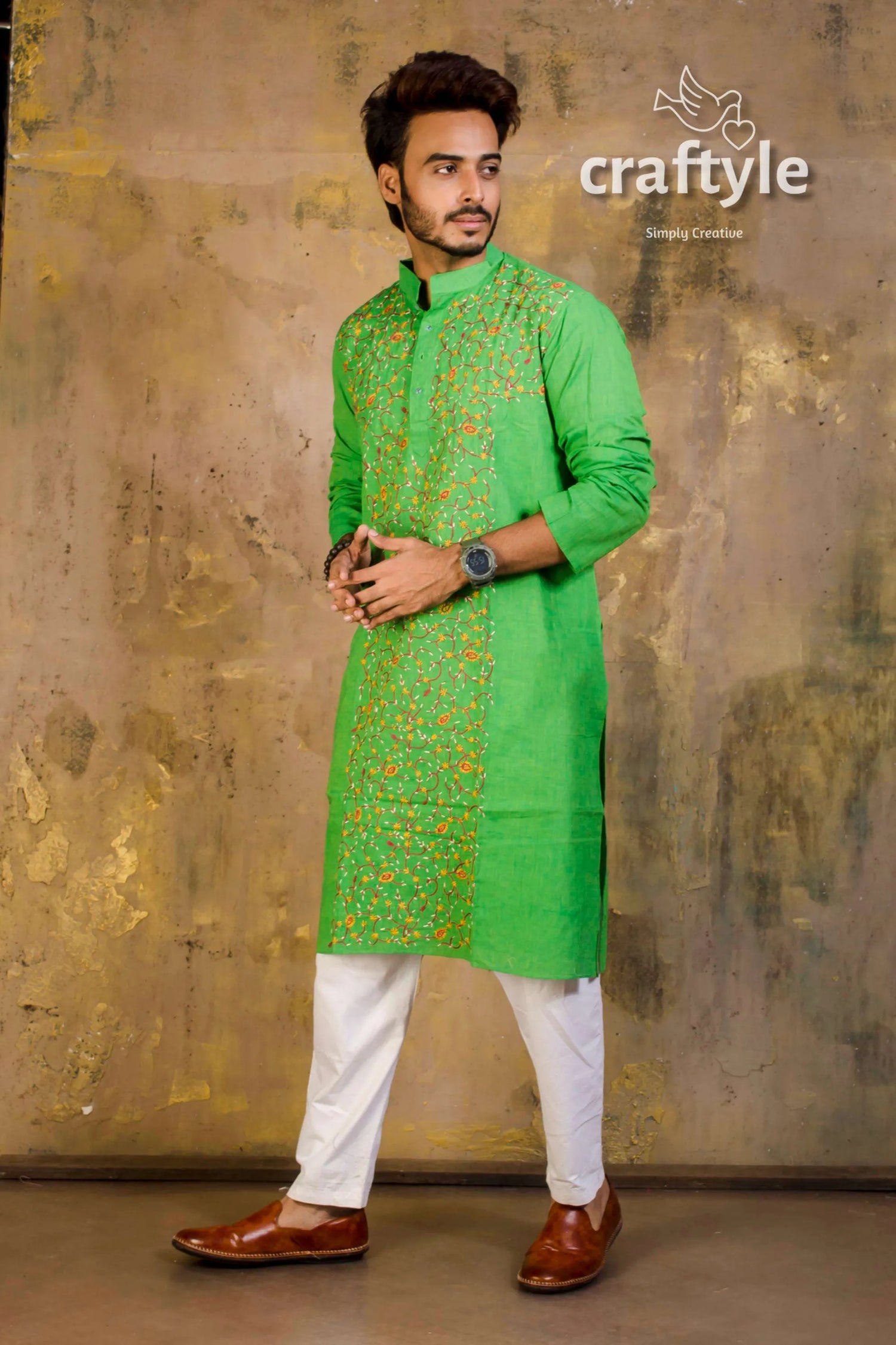 Hand embroidered kantha stitch cotton panjabi | mens kurta vibrant green intricate 4