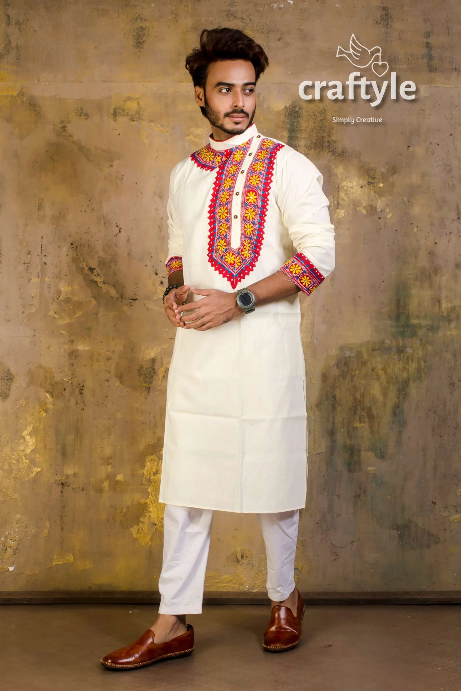 Hand embroidered kantha stitch cotton panjabi | mens kurta white vibrant red 4