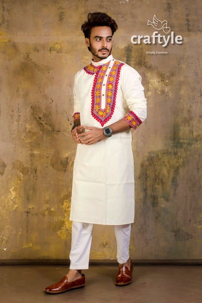 Hand embroidered kantha stitch cotton panjabi | mens kurta white vibrant red 4