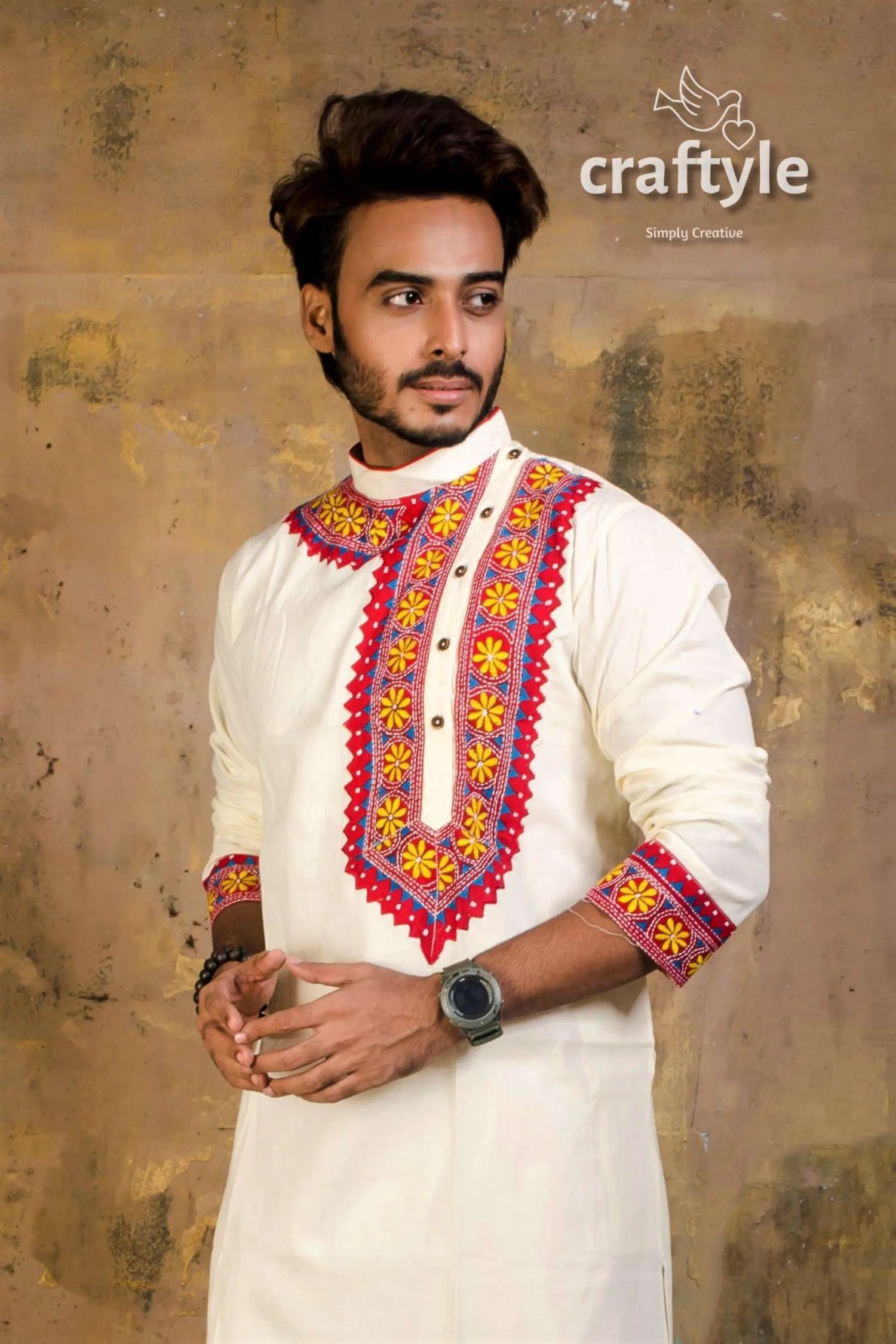 Hand embroidered kantha stitch cotton panjabi | mens kurta white vibrant red 3