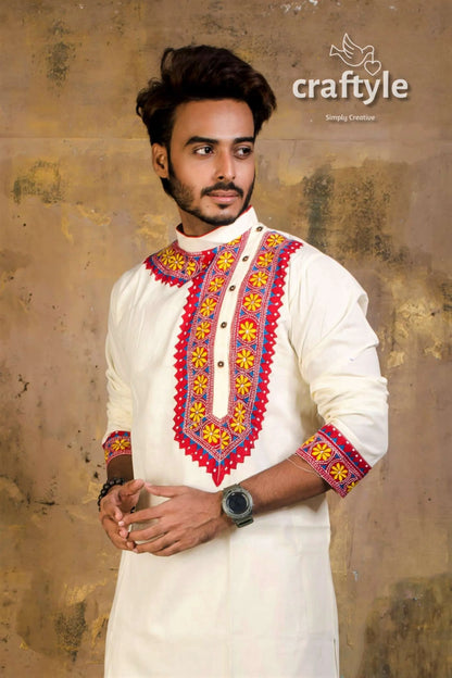 Hand embroidered kantha stitch cotton panjabi | mens kurta white vibrant red 3