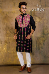 Hand embroidered kantha stitch cotton panjabi | mens kurta black intricate pink gold 3