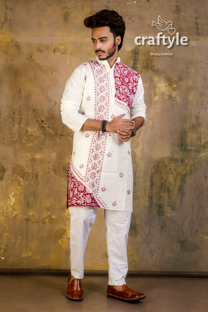 Hand embroidered kantha stitch cotton panjabi | mens kurta white intricate pink embroidery 1