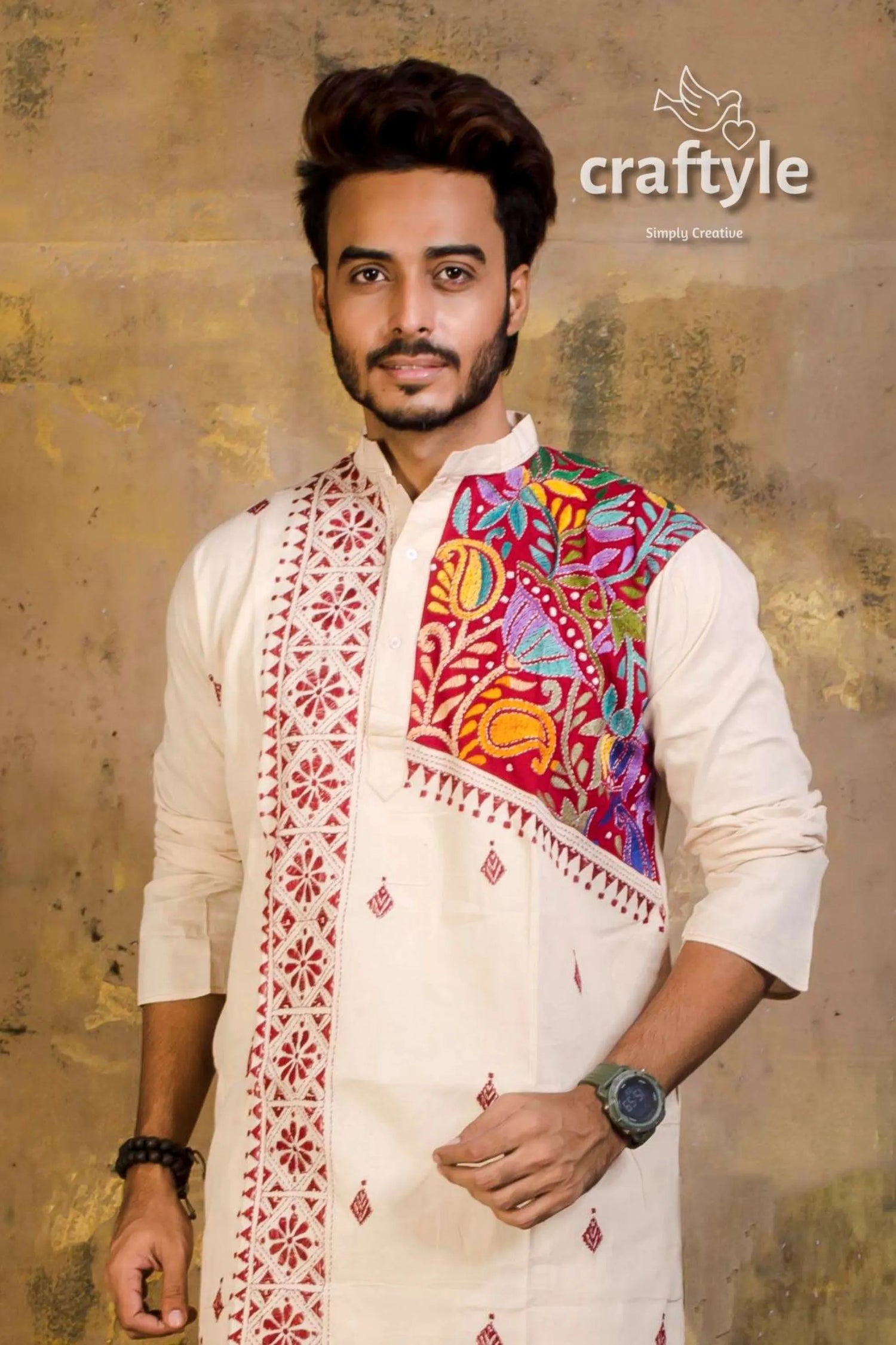 Hand embroidered kantha stitch cotton panjabi | mens kurta man cream-colored intricate red 4