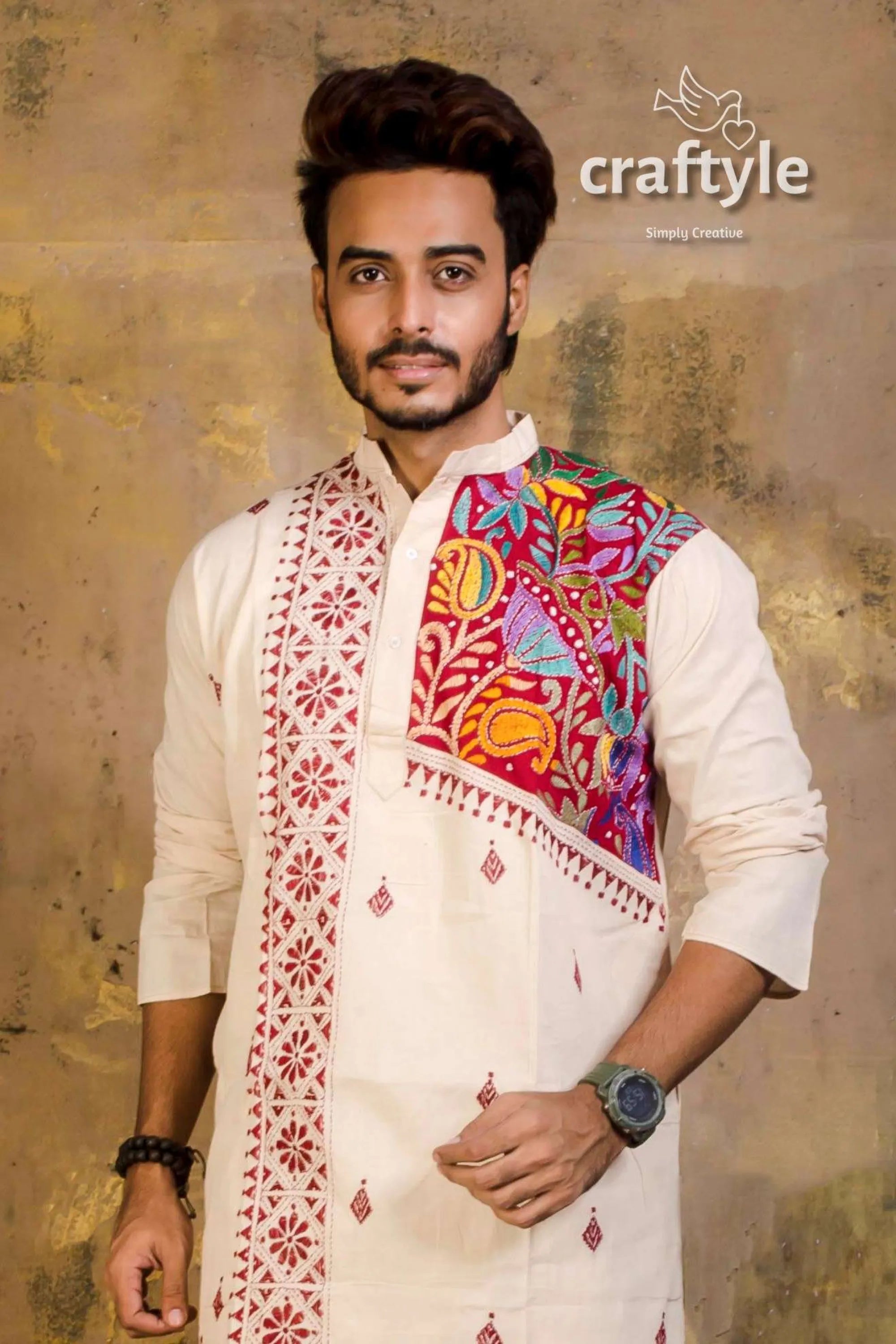 Hand embroidered kantha stitch cotton panjabi | mens kurta man cream-colored intricate red 4