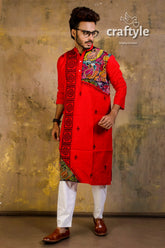 Hand embroidered kantha stitch cotton panjabi | mens kurta vibrant red intricate 2