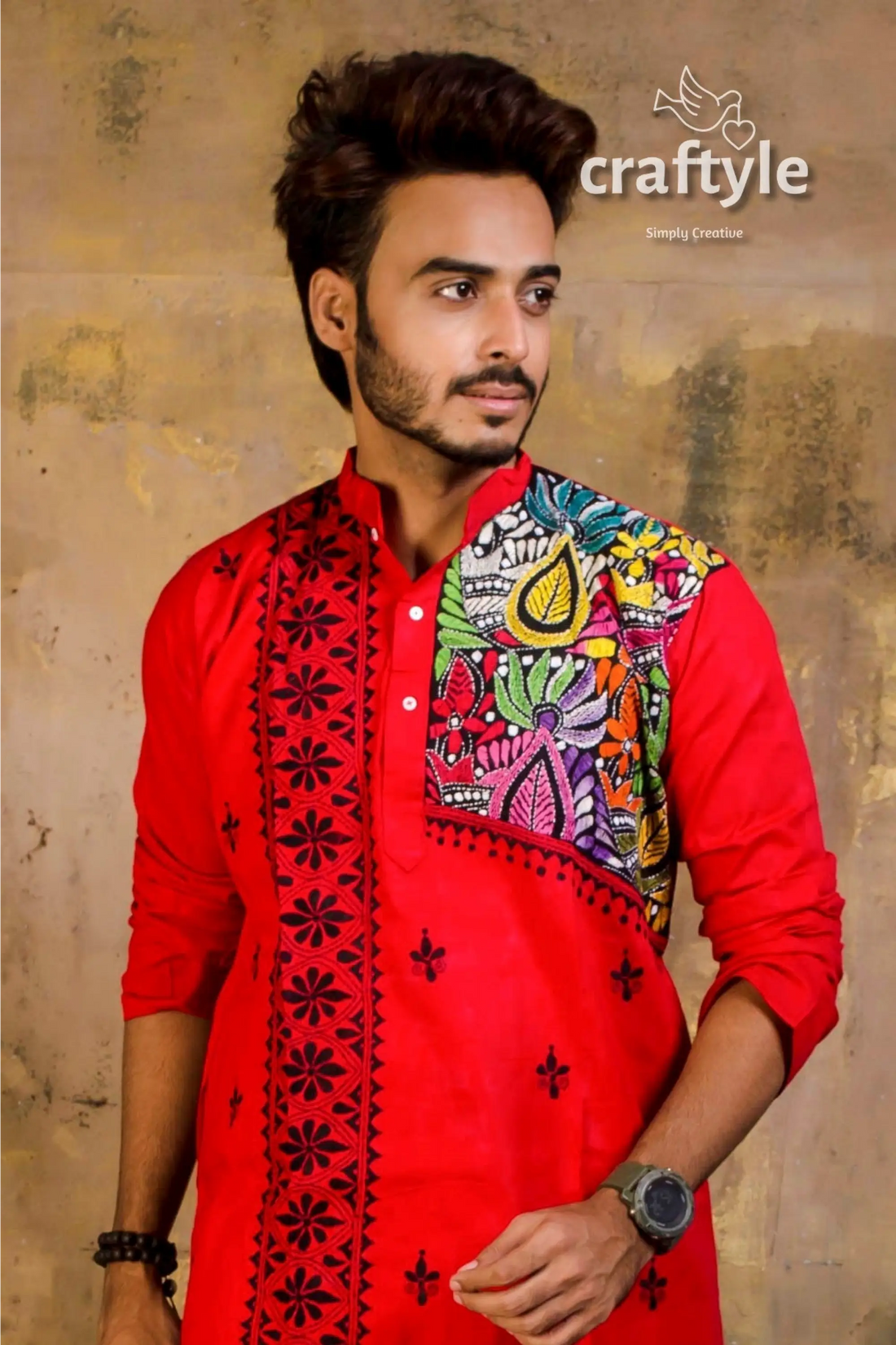 Hand Embroidered Kantha Stitch Cotton Panjabi | Mens Kurta - Craftyle