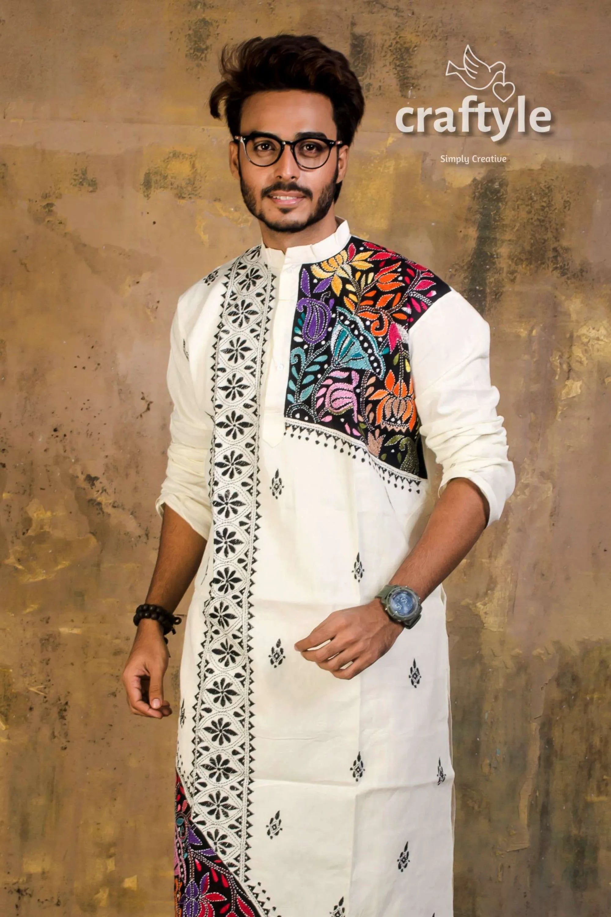 Hand embroidered kantha stitch cotton panjabi | mens kurta white vibrant colorful 3