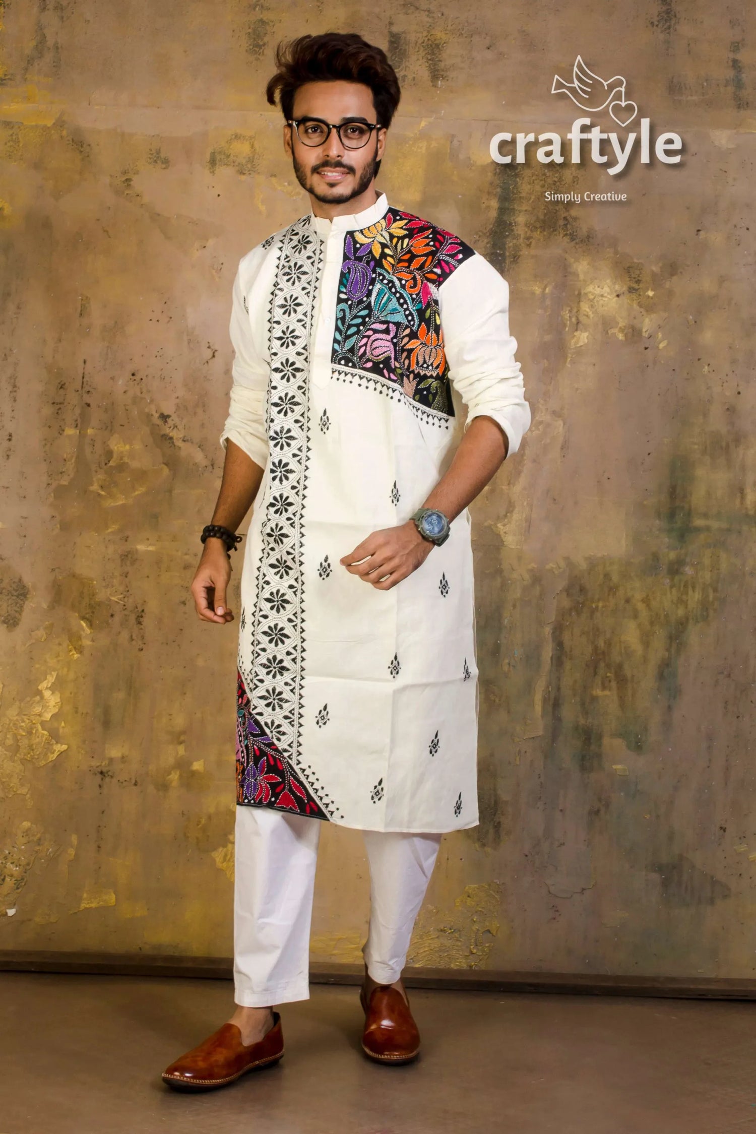 Hand embroidered kantha stitch cotton panjabi | mens kurta white vibrant colorful 4